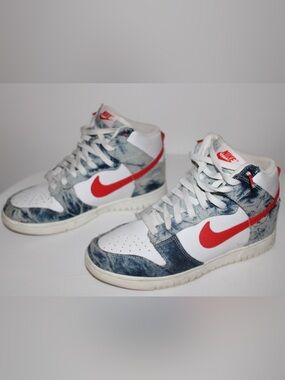 Nike White and Red Denim-Effect High-Top Sneakers
